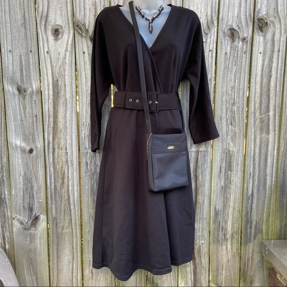 Little black dress size 8 v-neck belted a- line